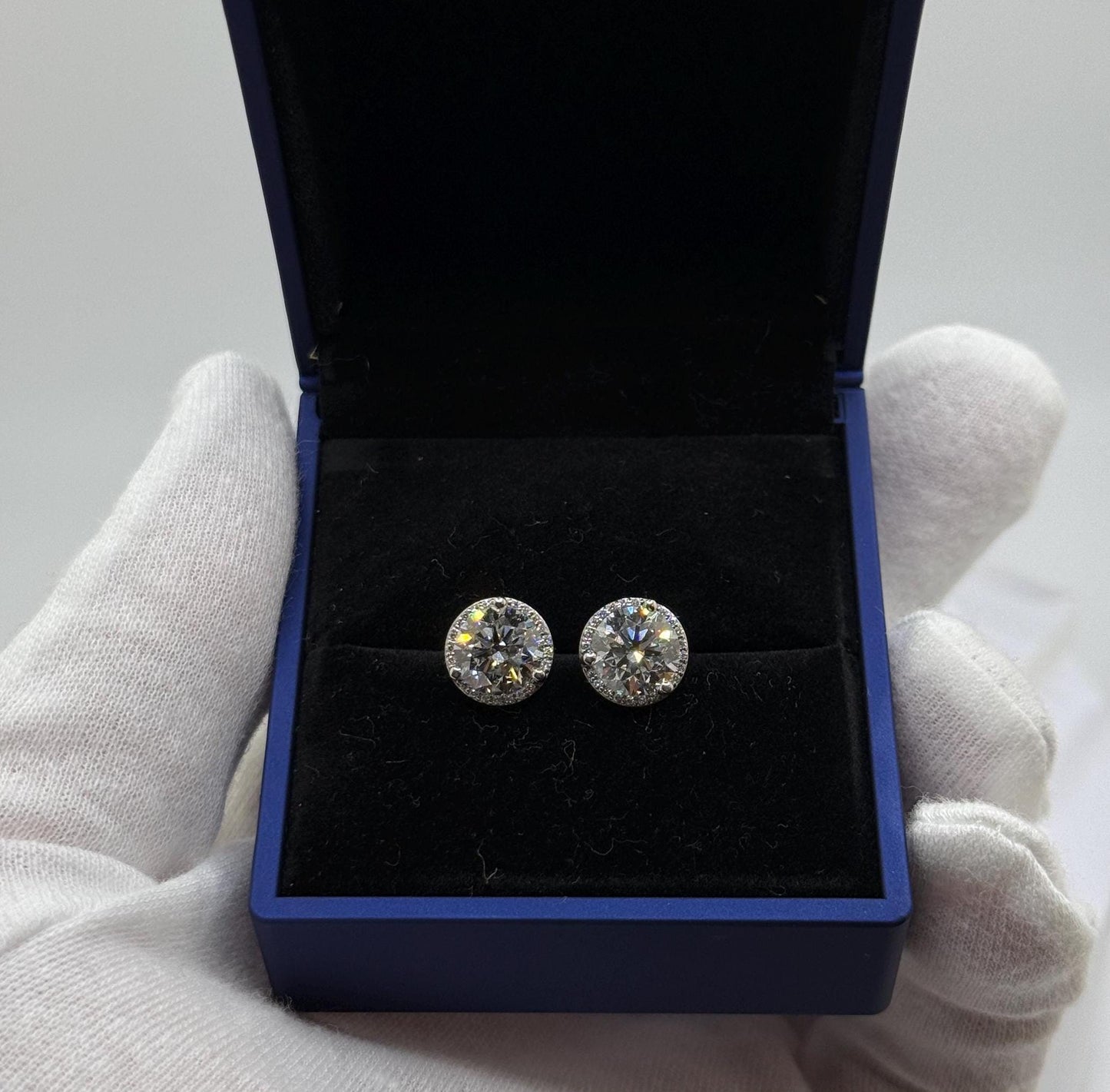 Diamond Halo Earrings, 4 CTW Round Studs, 14K Gold Lab Grown Earring Studs, 14K Solid Gold, Certified Real Lab Created Earrings, 2 CT Each