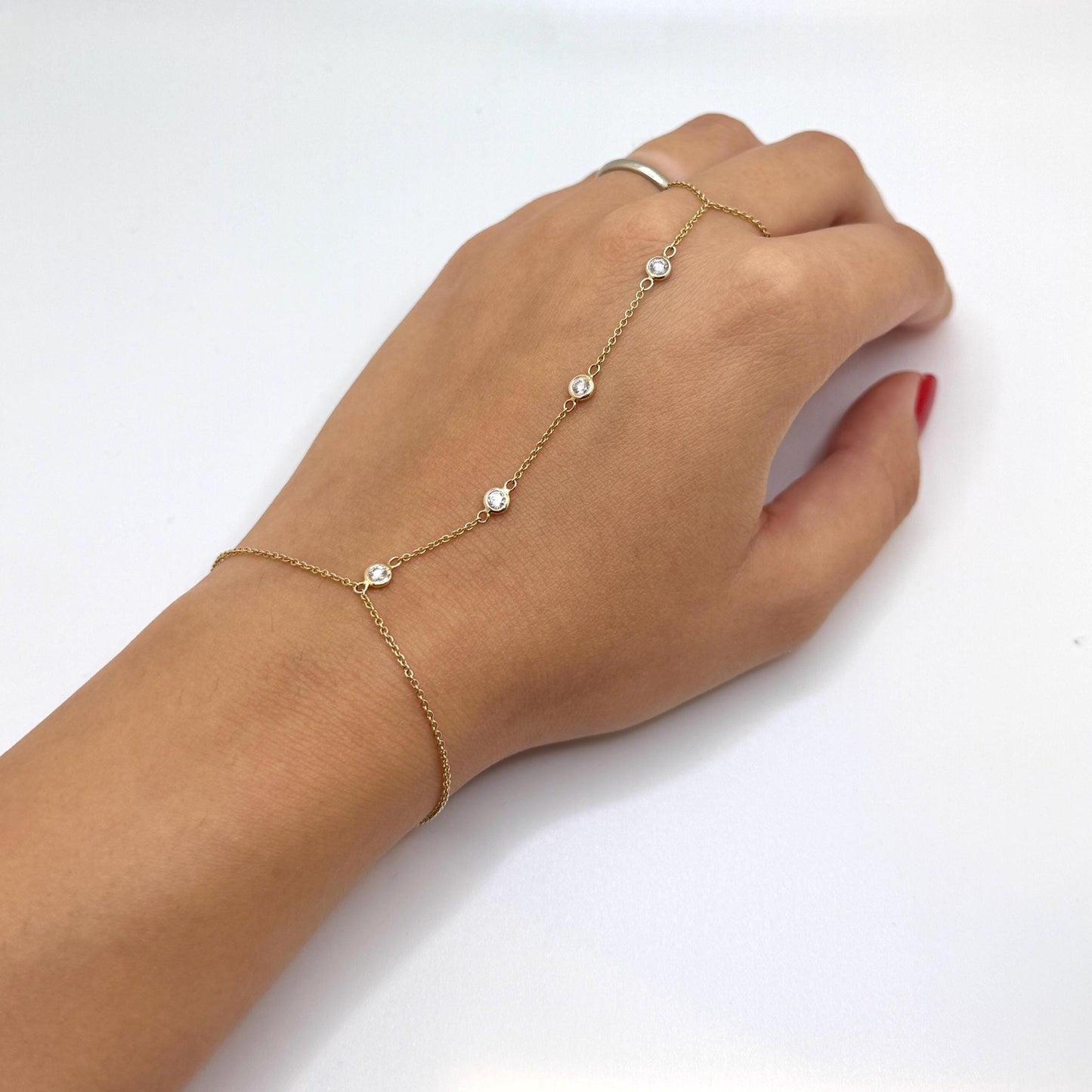 14K Gold Hand Chain Bracelet Ring | 4 Lab Grown Diamond Slave Bracelet | Dainty Gold Hand Harness | Real Solid Gold Bridal Jewelry