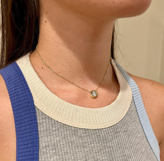 2 CT Lab Grown Diamond Solitaire Necklace: 14K Gold Bezel Setting