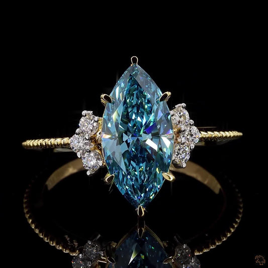 RARE Blue Marquise Engagement Ring, Lab Grown 2 CT Diamond Ring, 18K Gold Solitaire Ring, Certified Real Lab Created