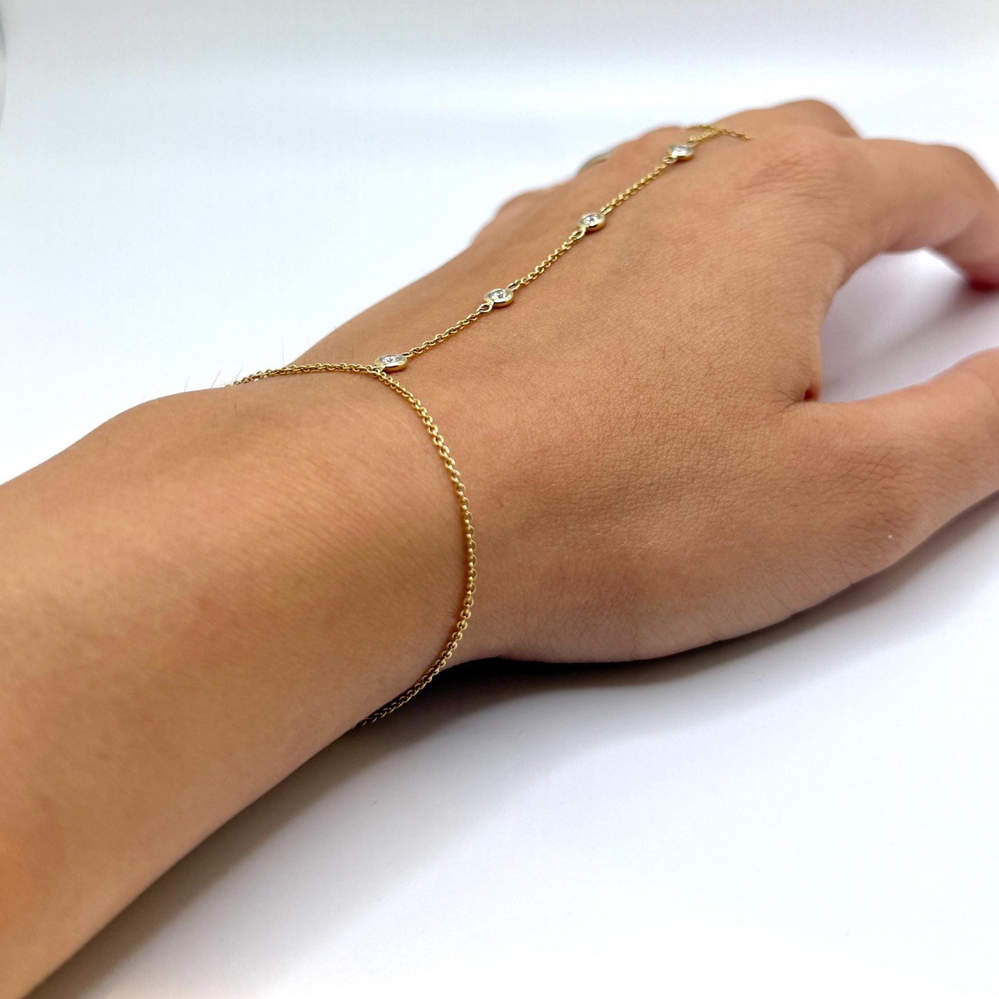 14K Gold Hand Chain Bracelet Ring | 4 Lab Grown Diamond Slave Bracelet | Dainty Gold Hand Harness | Real Solid Gold Bridal Jewelry