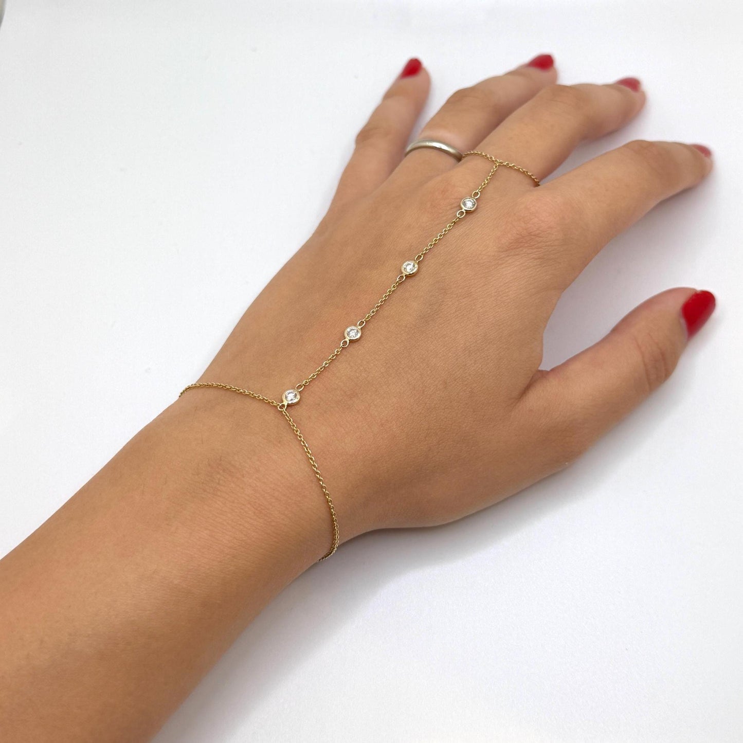 14K Gold Hand Chain Bracelet Ring | 4 Lab Grown Diamond Slave Bracelet | Dainty Gold Hand Harness | Real Solid Gold Bridal Jewelry