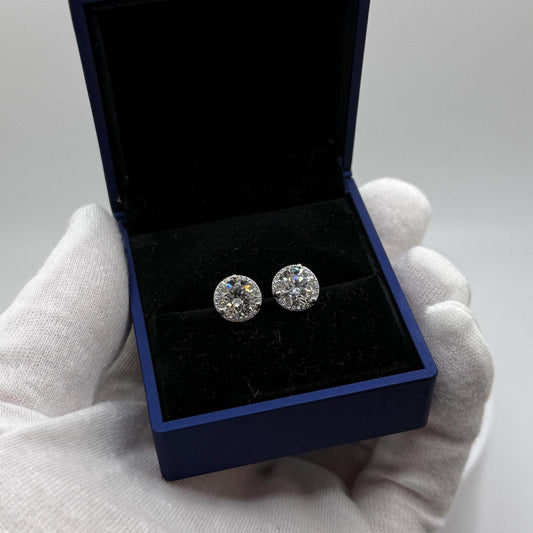 Diamond Halo Earrings, 4 CTW Round Studs, 14K Gold Lab Grown Earring Studs, 14K Solid Gold, Certified Real Lab Created Earrings, 2 CT Each