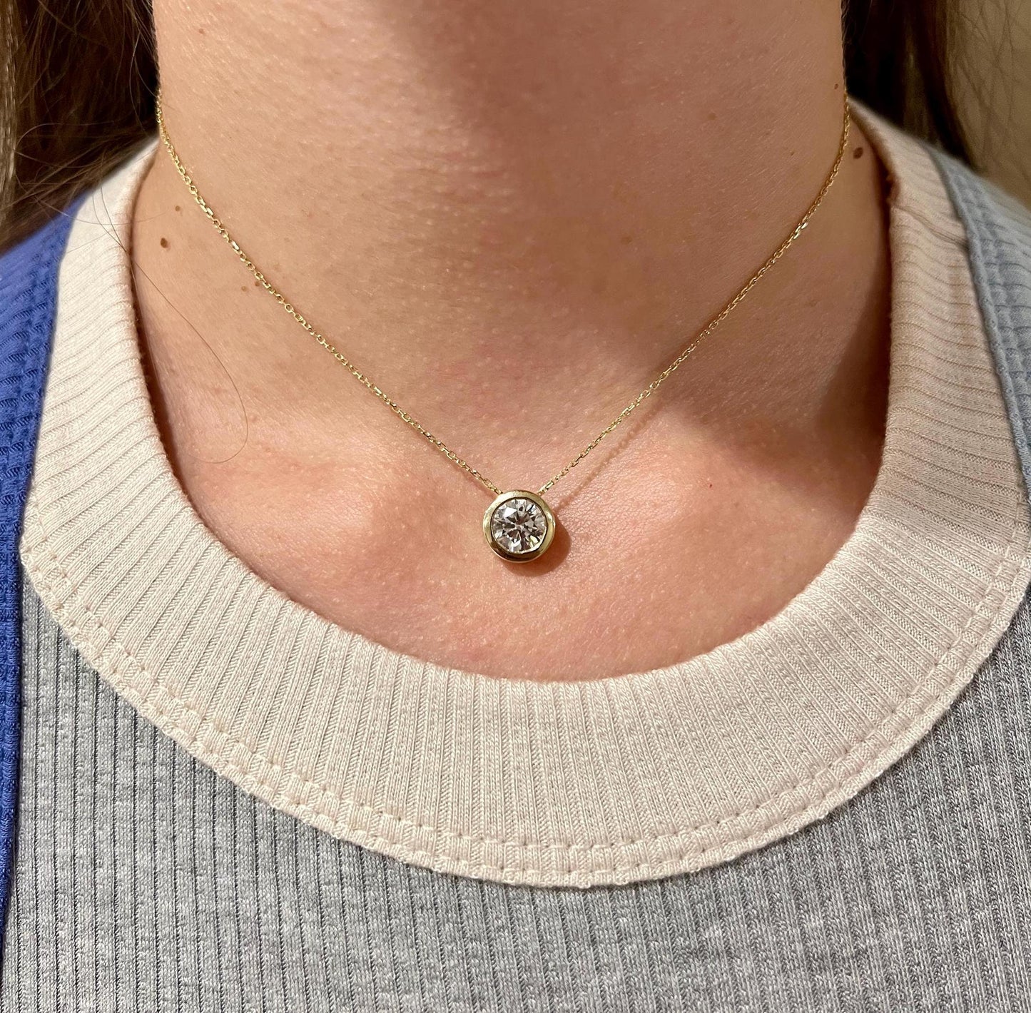 Diamond Necklace, 3 CT Bezel Lab Grown Diamond Necklace, 14K Gold Solitaire Necklace, Certified Real Lab Created