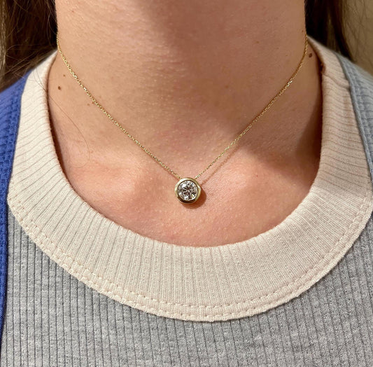 Diamond Necklace, 3 CT Bezel Lab Grown Diamond Necklace, 14K Gold Solitaire Necklace, Certified Real Lab Created