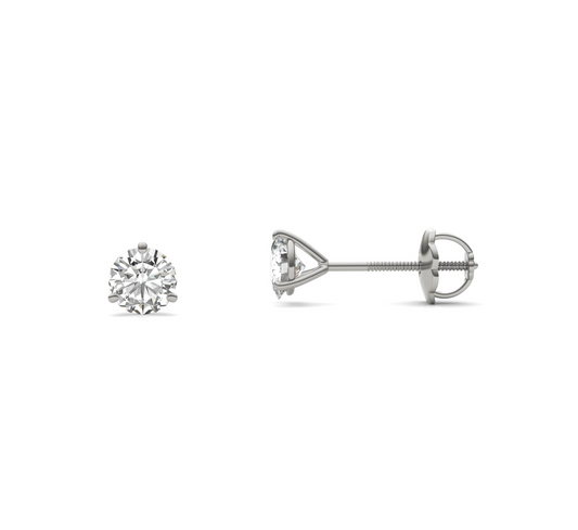 A pair of silver earrings with a single round diamond center stone.