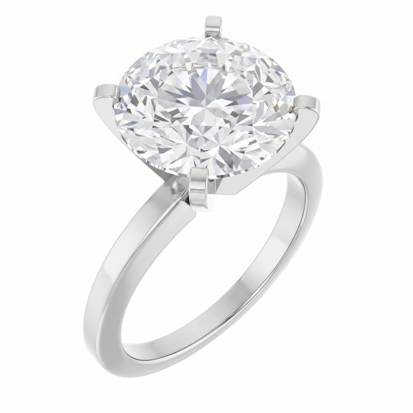 A silver ring with a large, round diamond set in the center.