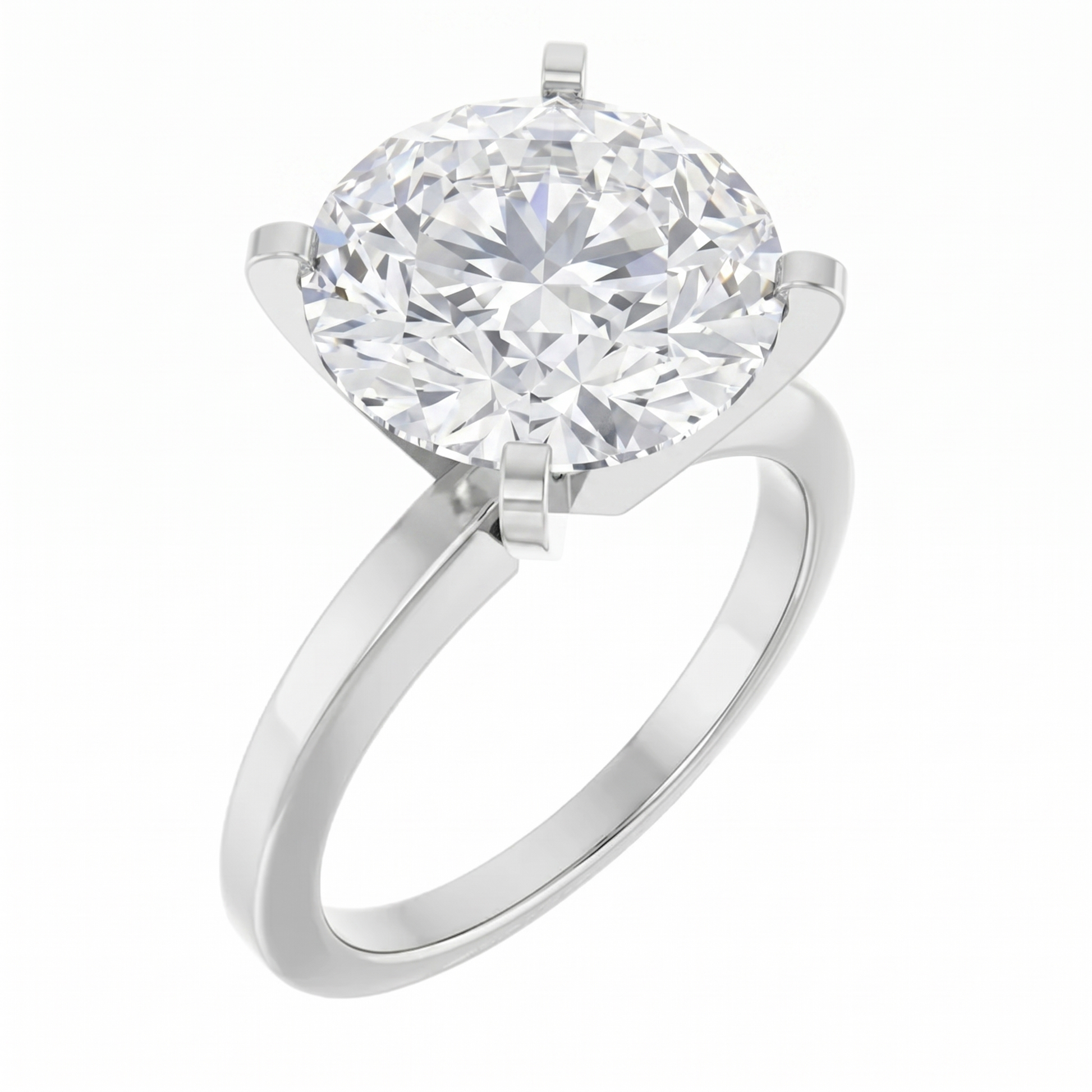 A silver ring with a large, round diamond set in the center.