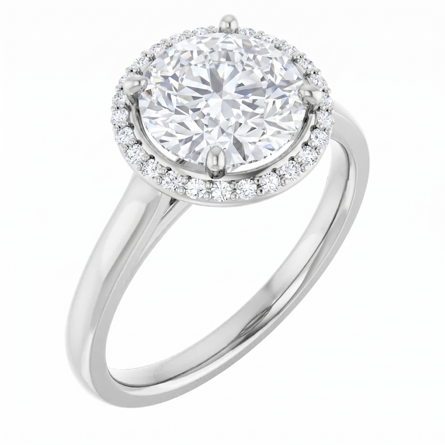 A silver engagement ring with a large, round diamond set in the center, surrounded by a halo of smaller diamonds.