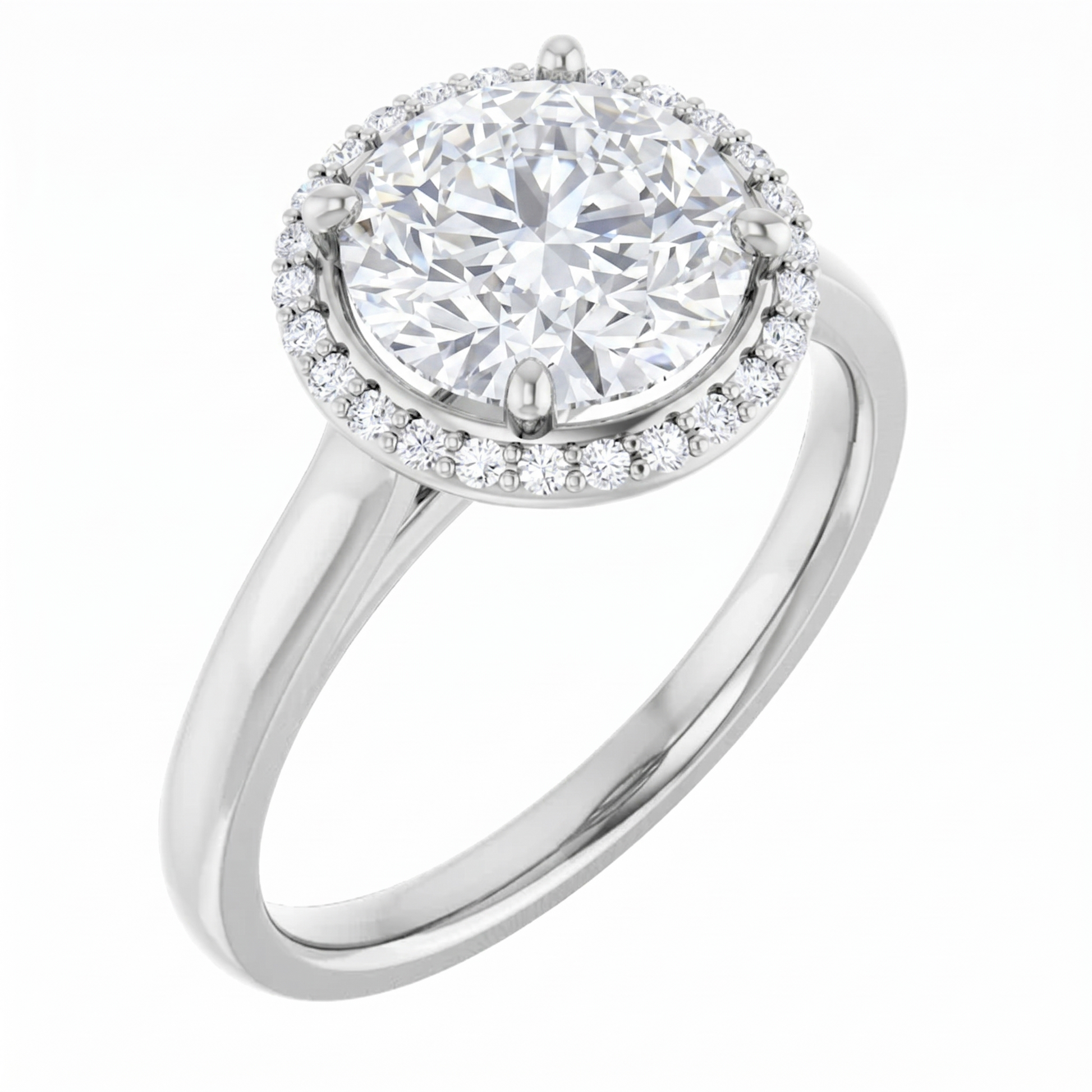 A silver engagement ring with a large, round diamond set in the center, surrounded by a halo of smaller diamonds.