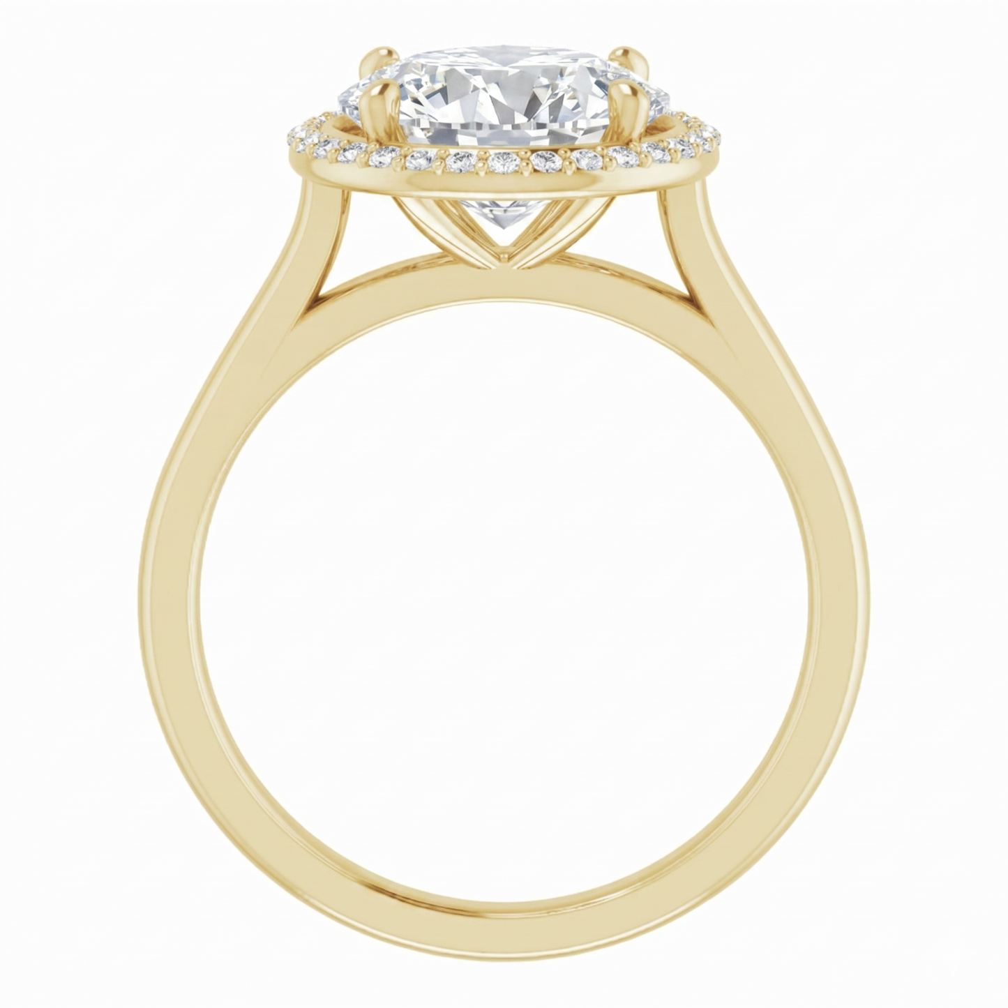 A gold engagement ring with a large diamond set in the center, surrounded by smaller diamonds.
