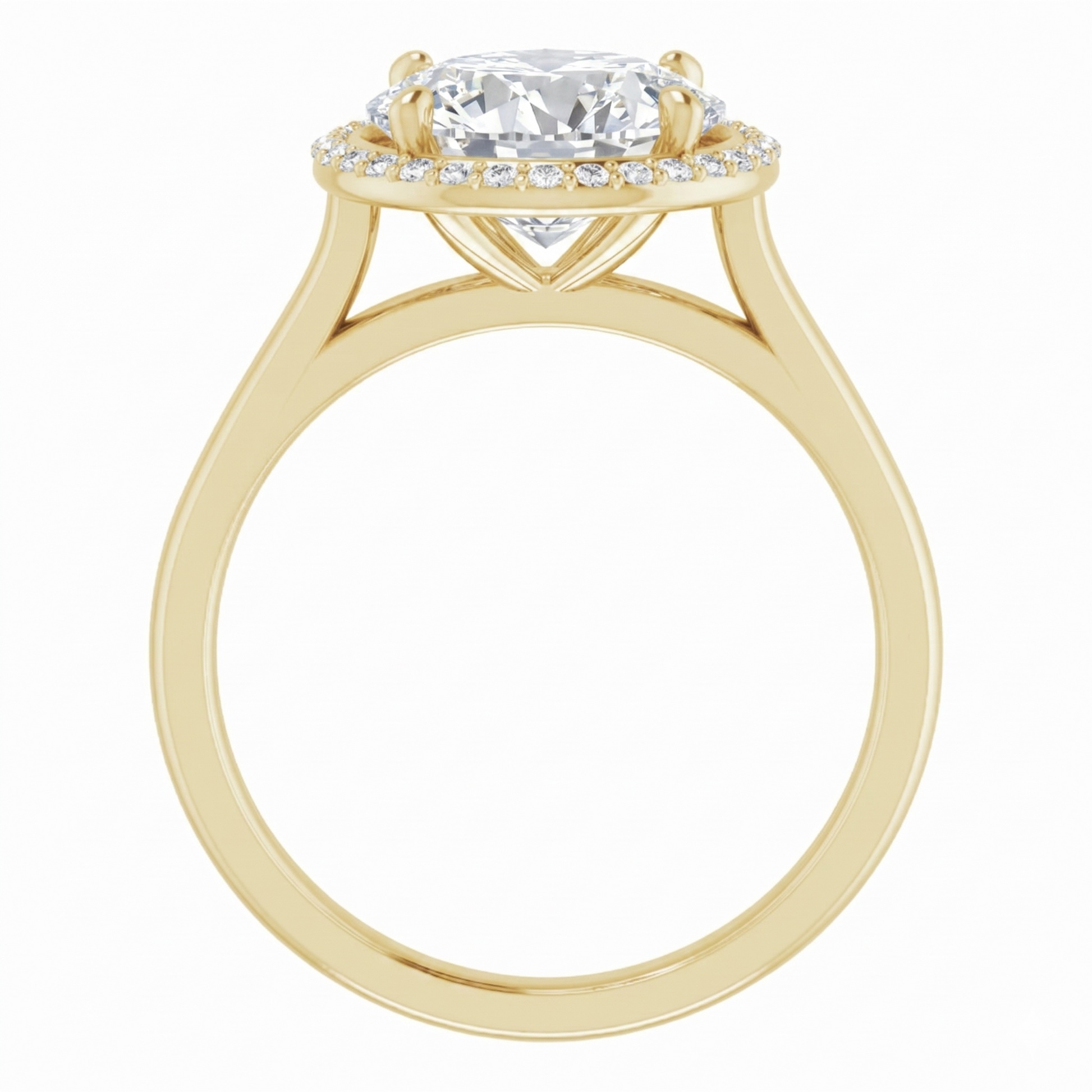 A gold engagement ring with a large diamond set in the center, surrounded by smaller diamonds.