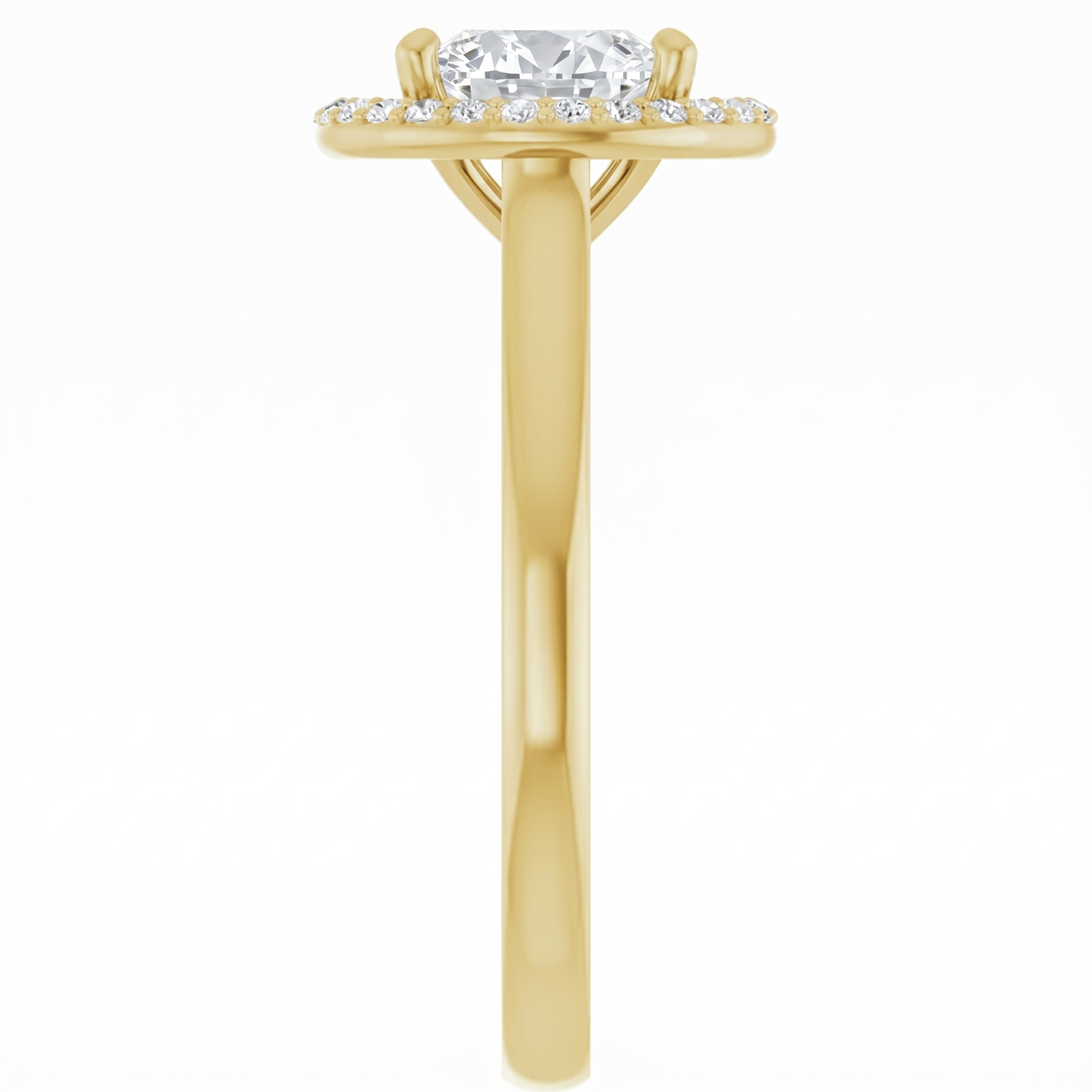 A gold engagement ring with a large central diamond surrounded by smaller diamonds.
