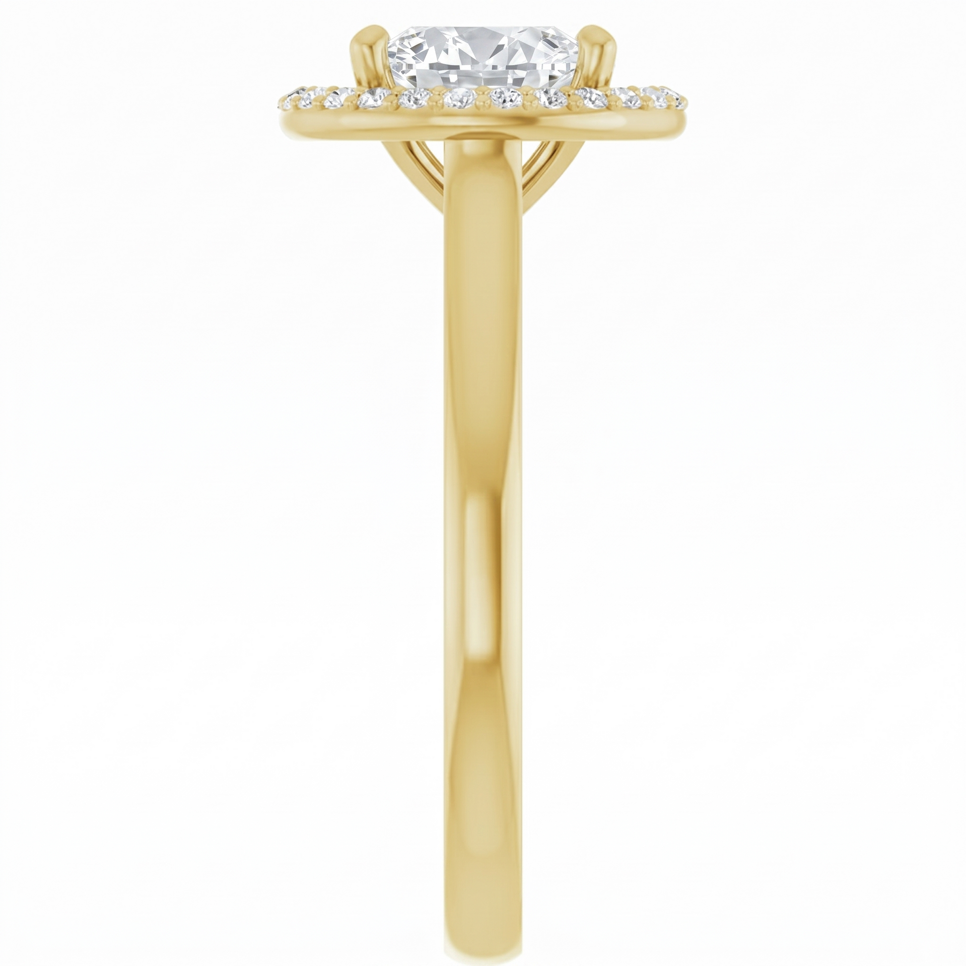A gold engagement ring with a large central diamond surrounded by smaller diamonds.