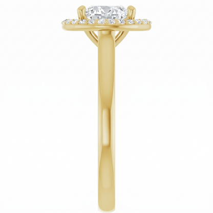 A gold engagement ring with a large central diamond surrounded by smaller diamonds.