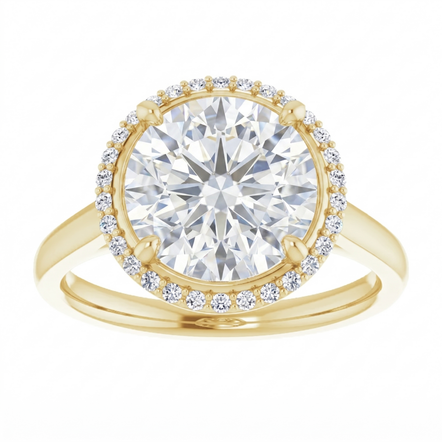 A gold ring with a large, brilliant-cut diamond set in the center, surrounded by smaller diamonds.