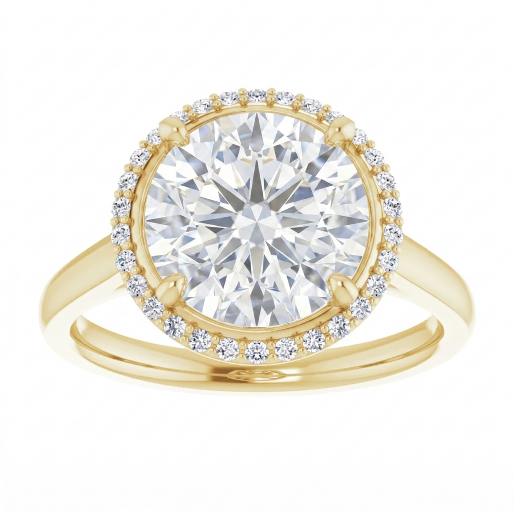 A gold ring with a large, brilliant-cut diamond set in the center, surrounded by smaller diamonds.