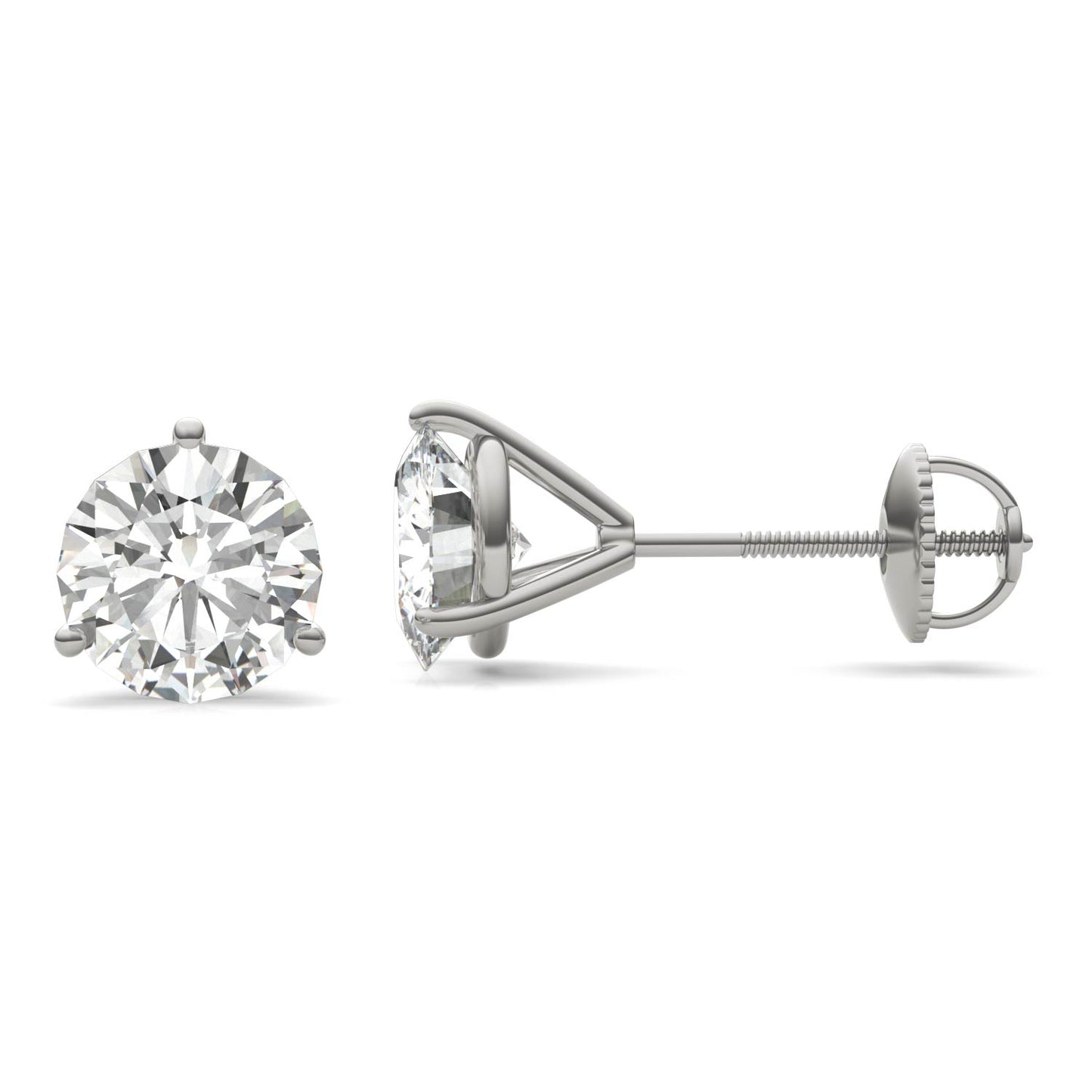A pair of silver earrings with a large, clear diamond set in the center.