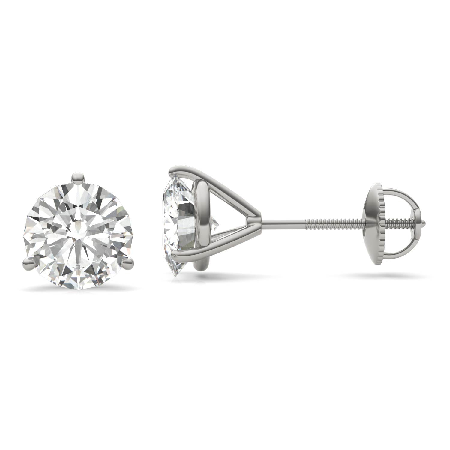 A pair of silver earrings with a large, clear diamond set in the center.