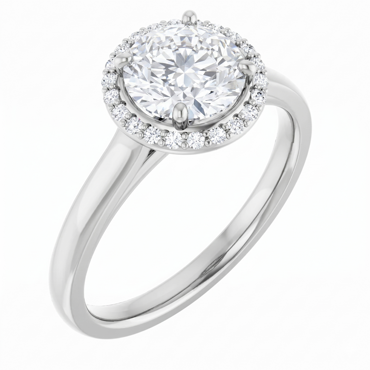 A silver engagement ring with a large, round diamond set in the center, surrounded by smaller diamonds.