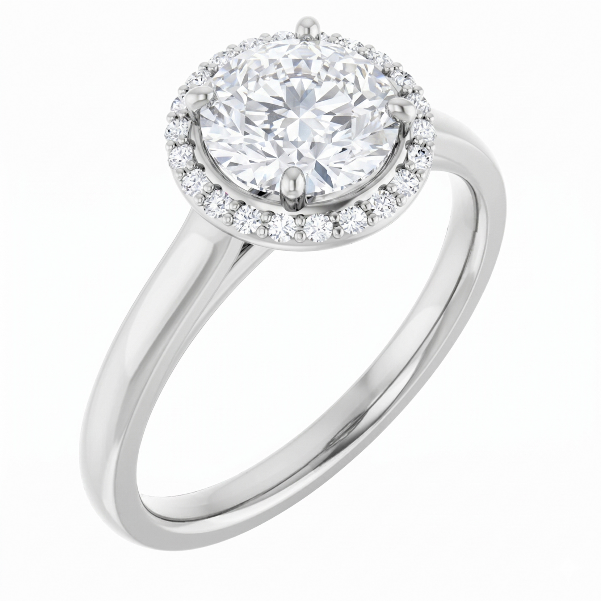 A silver engagement ring with a large, round diamond set in the center, surrounded by smaller diamonds.