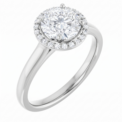 A silver engagement ring with a large, round diamond set in the center, surrounded by smaller diamonds.