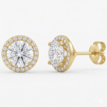 A pair of gold earrings with a large, brilliant-cut diamond at the center, surrounded by smaller diamonds.