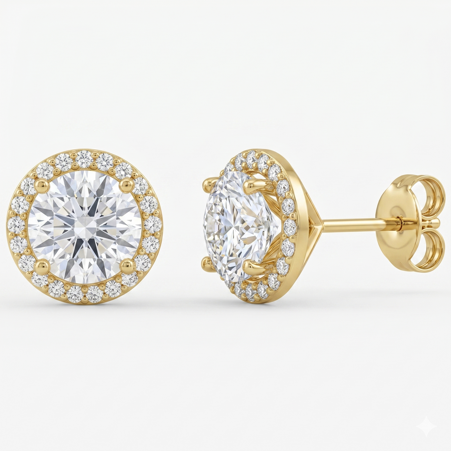 A pair of gold earrings with a large, brilliant-cut diamond at the center, surrounded by smaller diamonds.