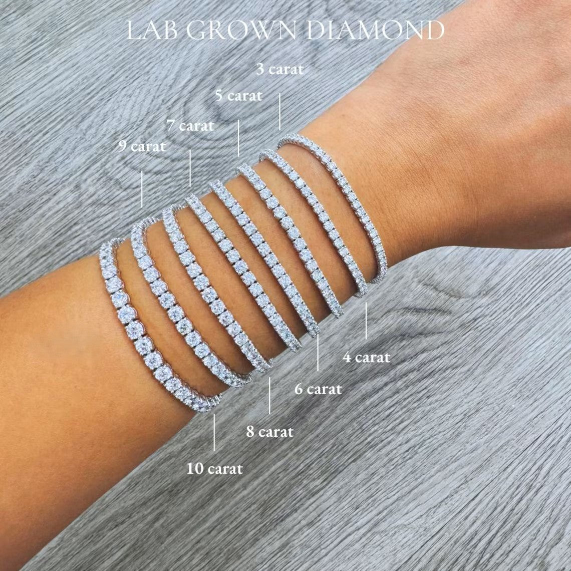 A close-up image of a person's wrist wearing a series of diamond-encrusted bracelets, each with a different carat weight ranging from 3 to 10.