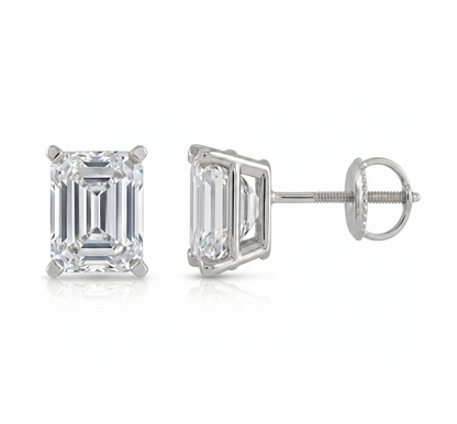 A pair of elegant diamond earrings with a large, clear gemstone set in a silver metal frame.