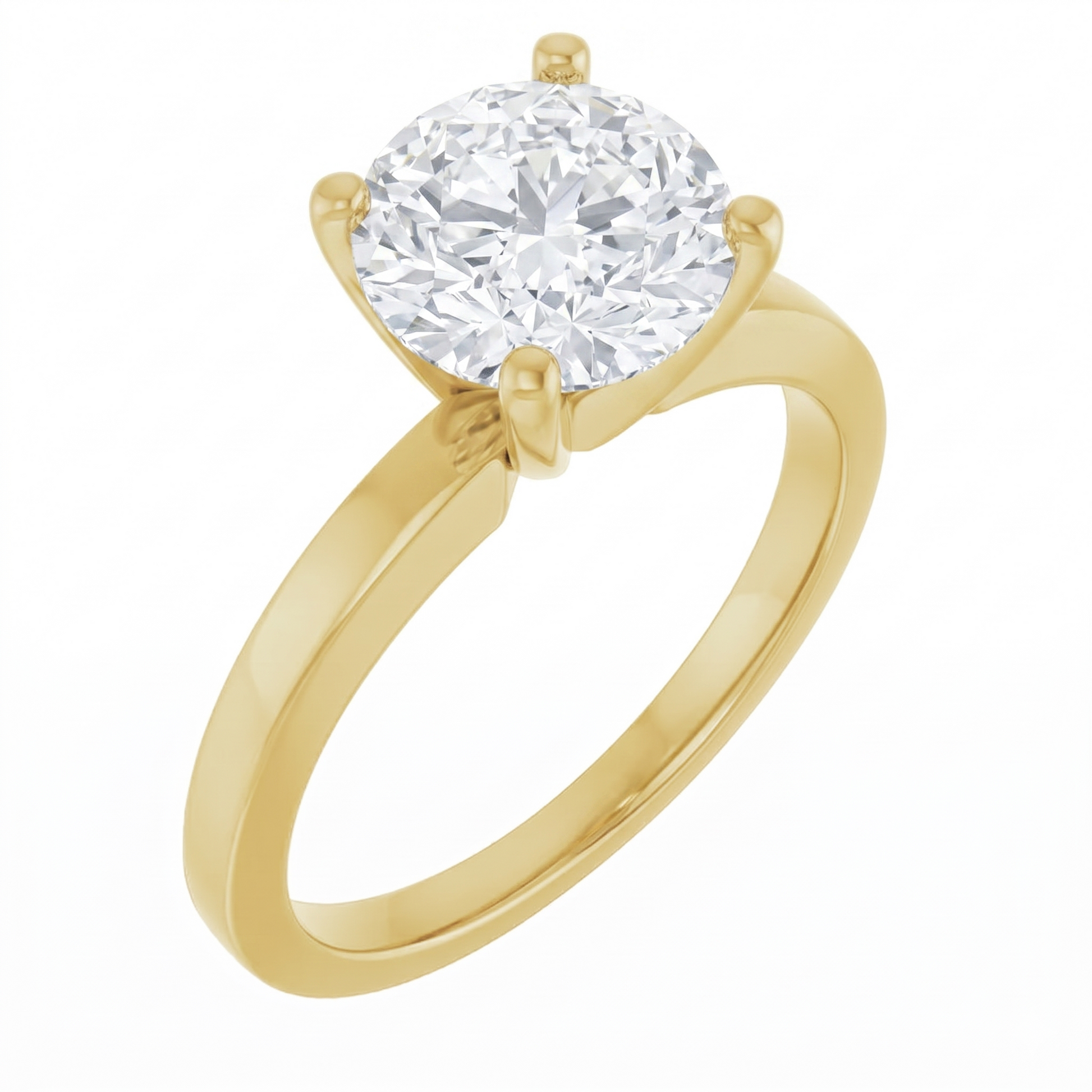 A gold engagement ring with a large, round diamond set in the center.