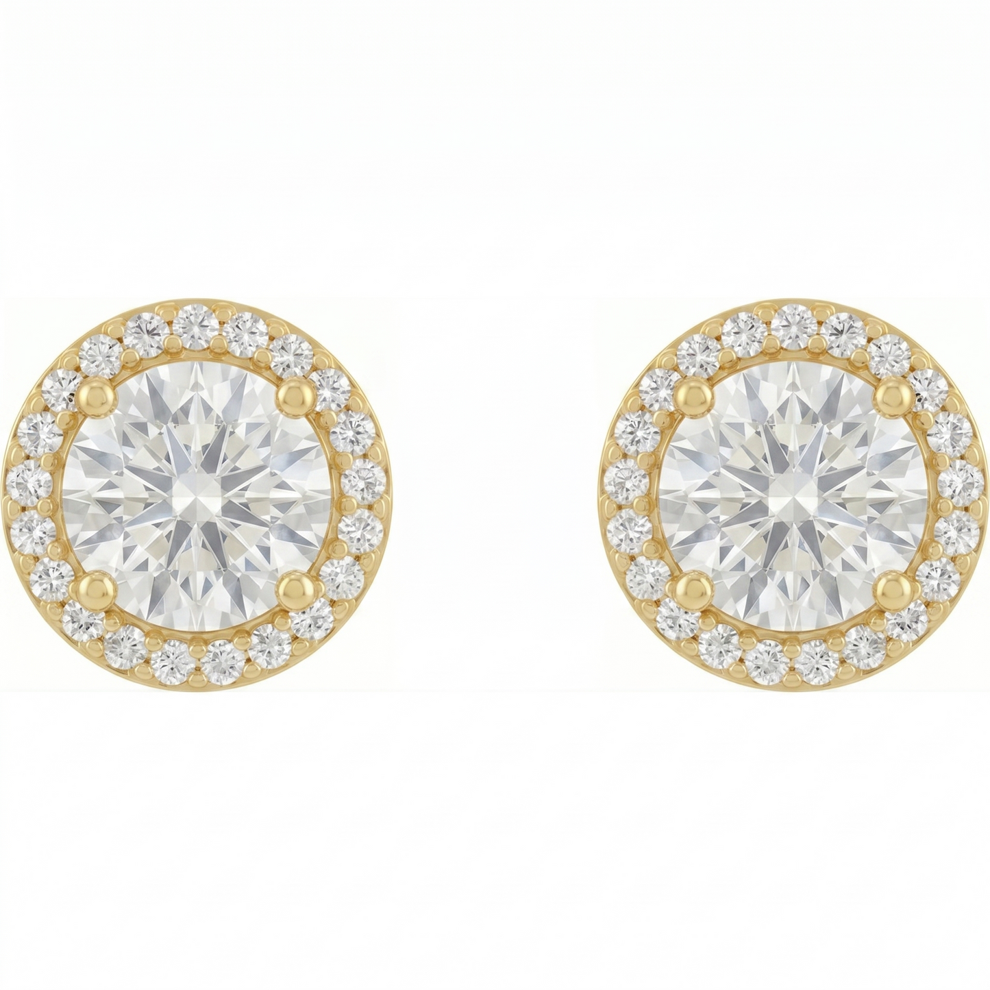 A pair of gold earrings with large, clear diamonds set in a halo around the center.