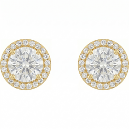 A pair of gold earrings with large, clear diamonds set in a halo around the center.
