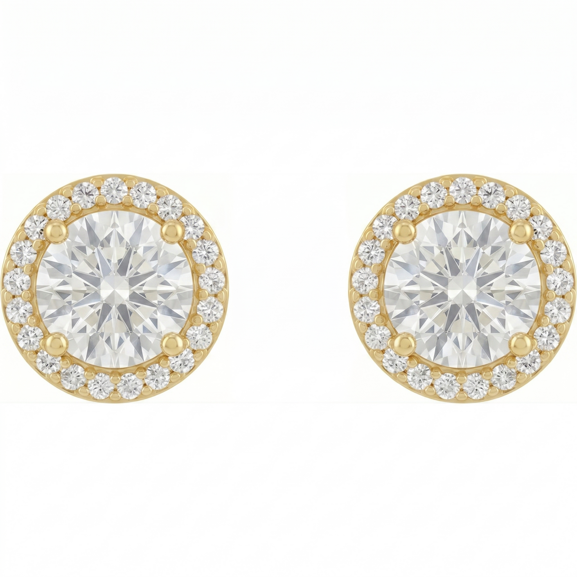A pair of gold earrings with large, clear diamonds set in a halo around the center.