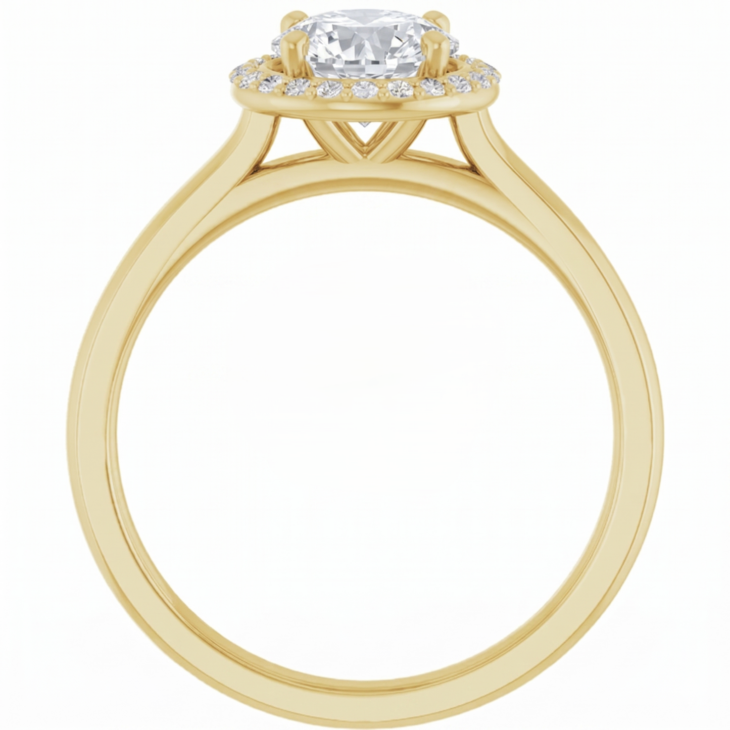 A gold engagement ring with a large central diamond surrounded by smaller diamonds, set in a halo of smaller diamonds.