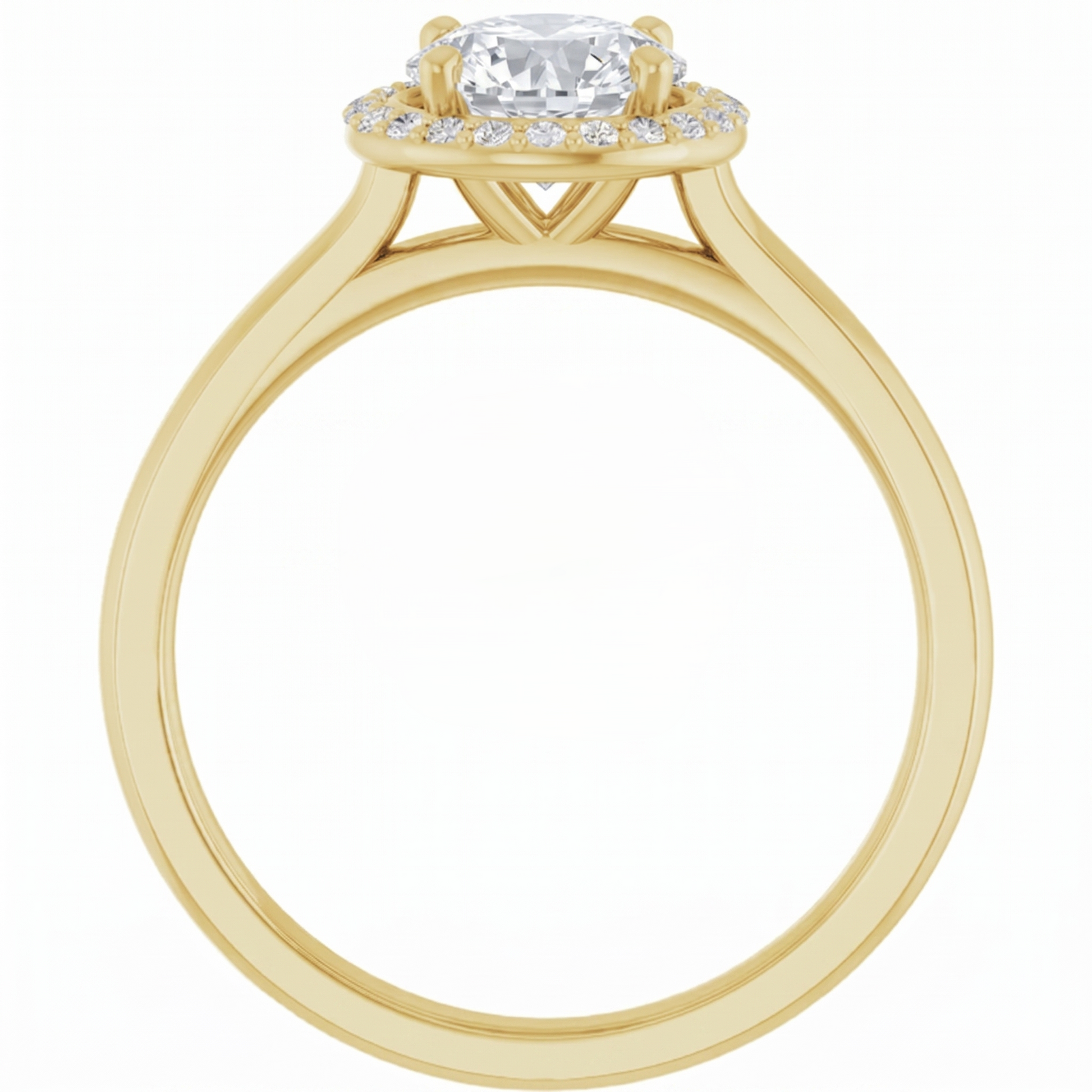 A gold engagement ring with a large central diamond surrounded by smaller diamonds, set in a halo of smaller diamonds.