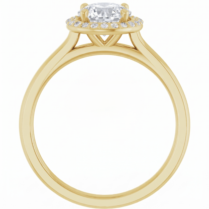 A gold engagement ring with a large central diamond surrounded by smaller diamonds, set in a halo of smaller diamonds.