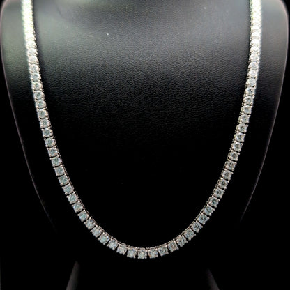 A close-up view of a diamond necklace on a mannequin, showcasing the intricate design and sparkling diamonds.
