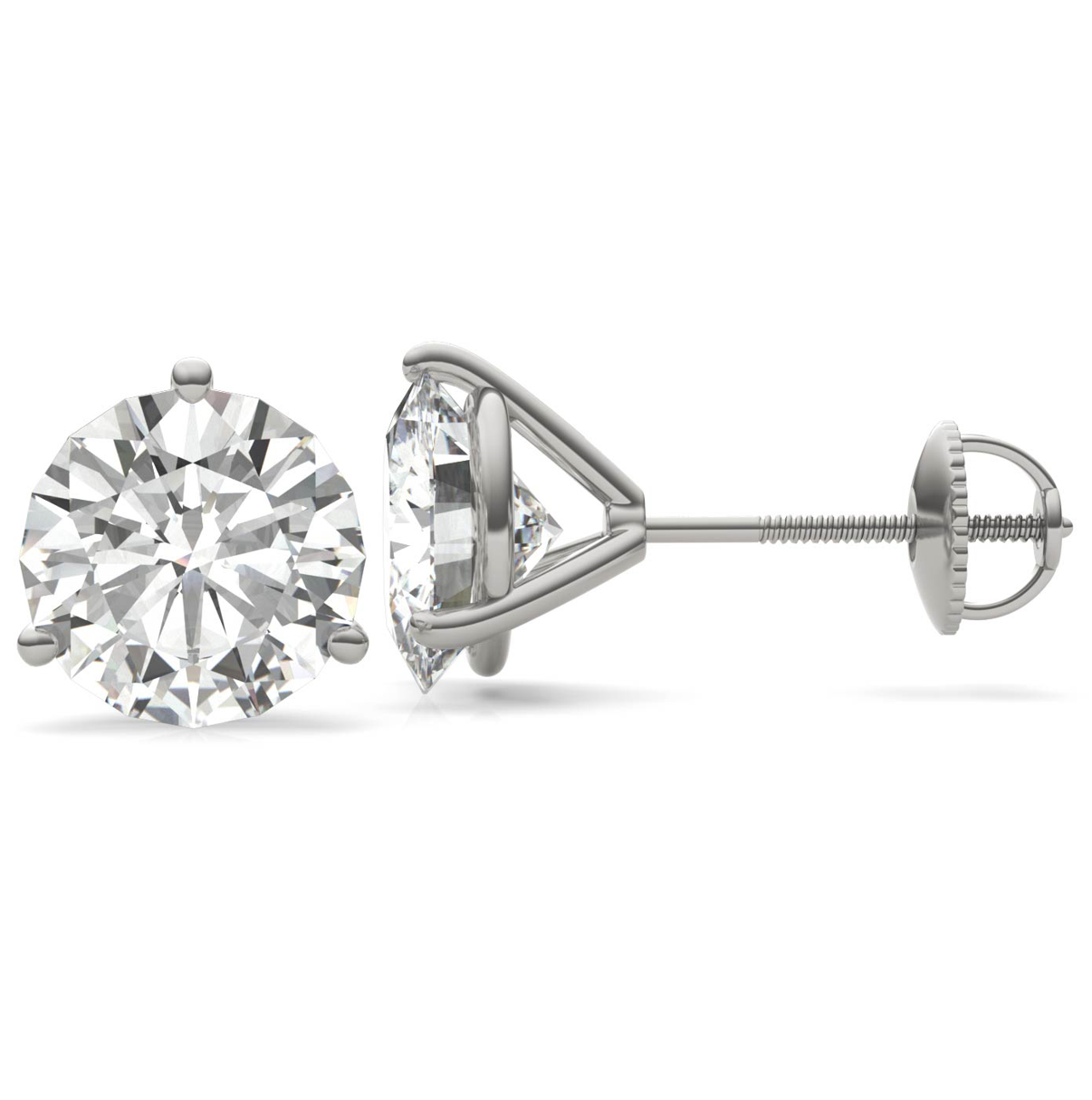 A pair of silver earrings with a large, clear diamond set in the center.
