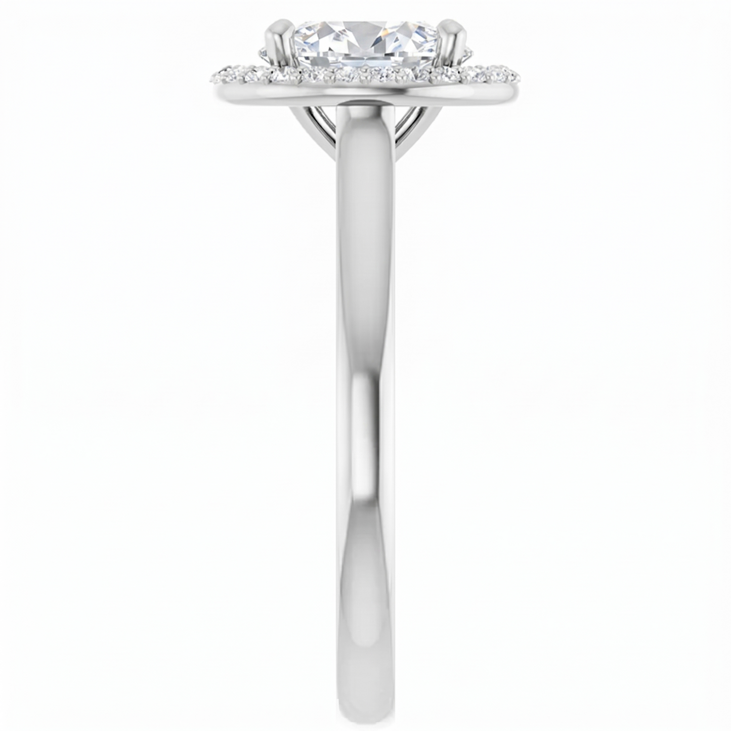 A silver engagement ring with a large central diamond surrounded by smaller diamonds.