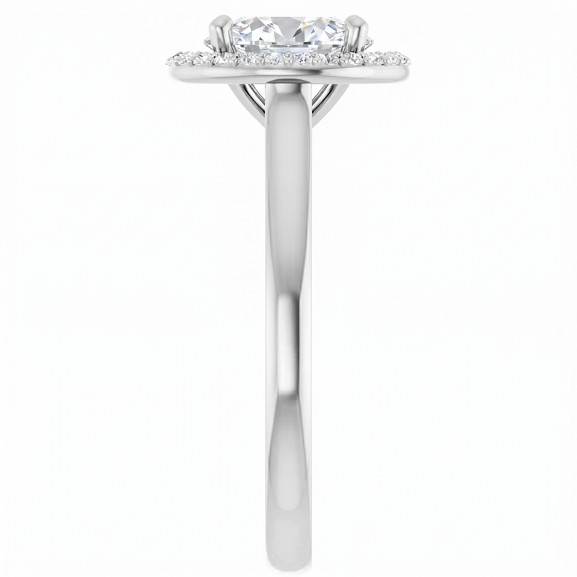 A silver engagement ring with a large central diamond surrounded by smaller diamonds.