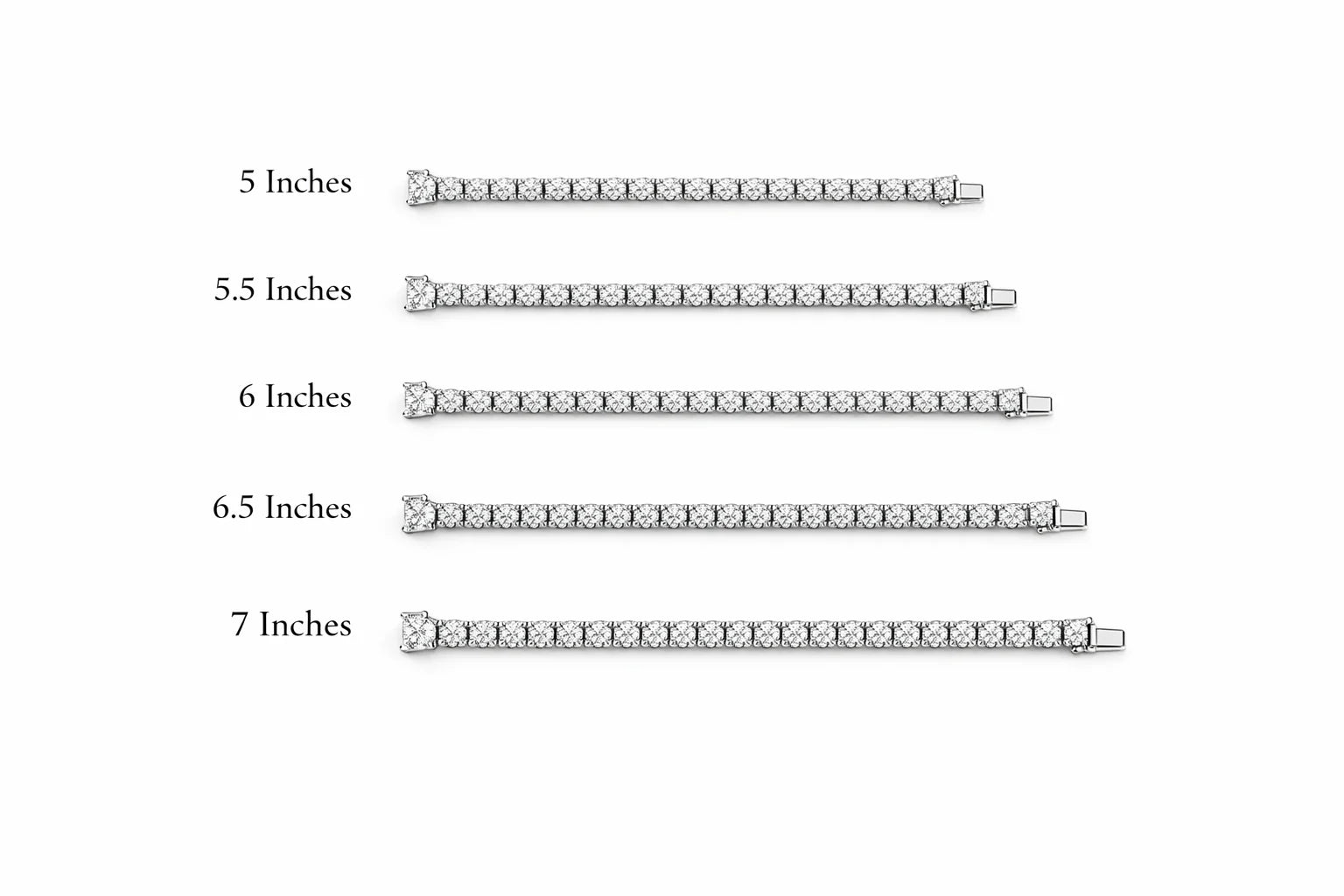 a collection of diamond bracelets in various sizes, ranging from 5 inches to 7 inches in length.