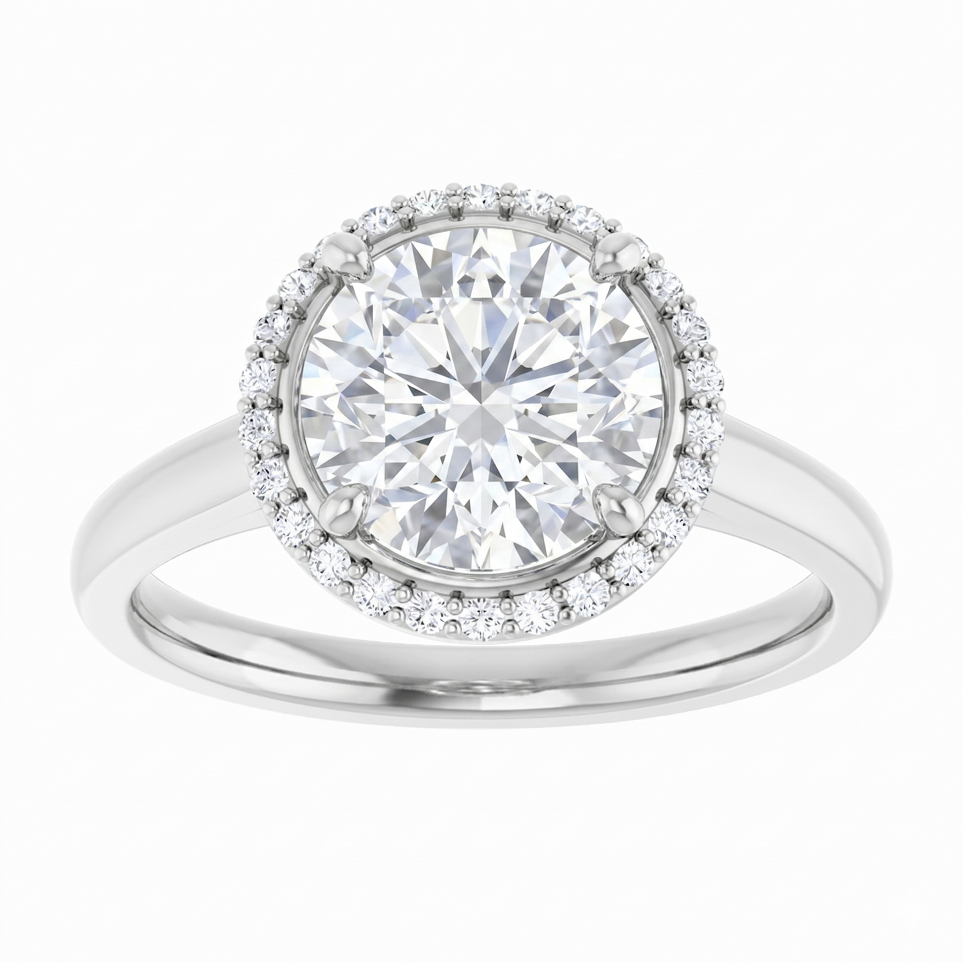 A silver ring with a large, brilliant-cut diamond at the center, surrounded by smaller diamonds.