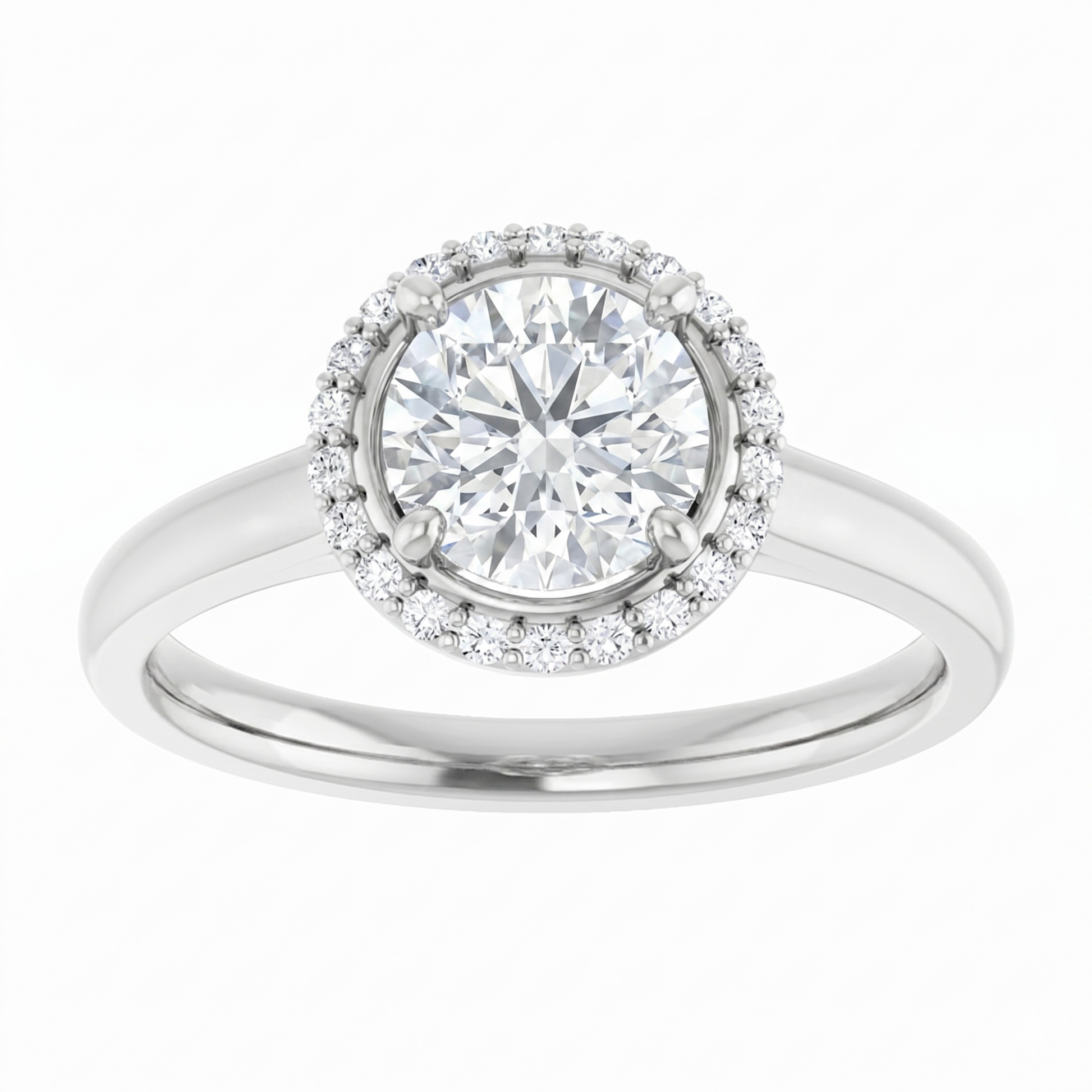 A silver engagement ring with a large, round diamond set in the center, surrounded by smaller diamonds.