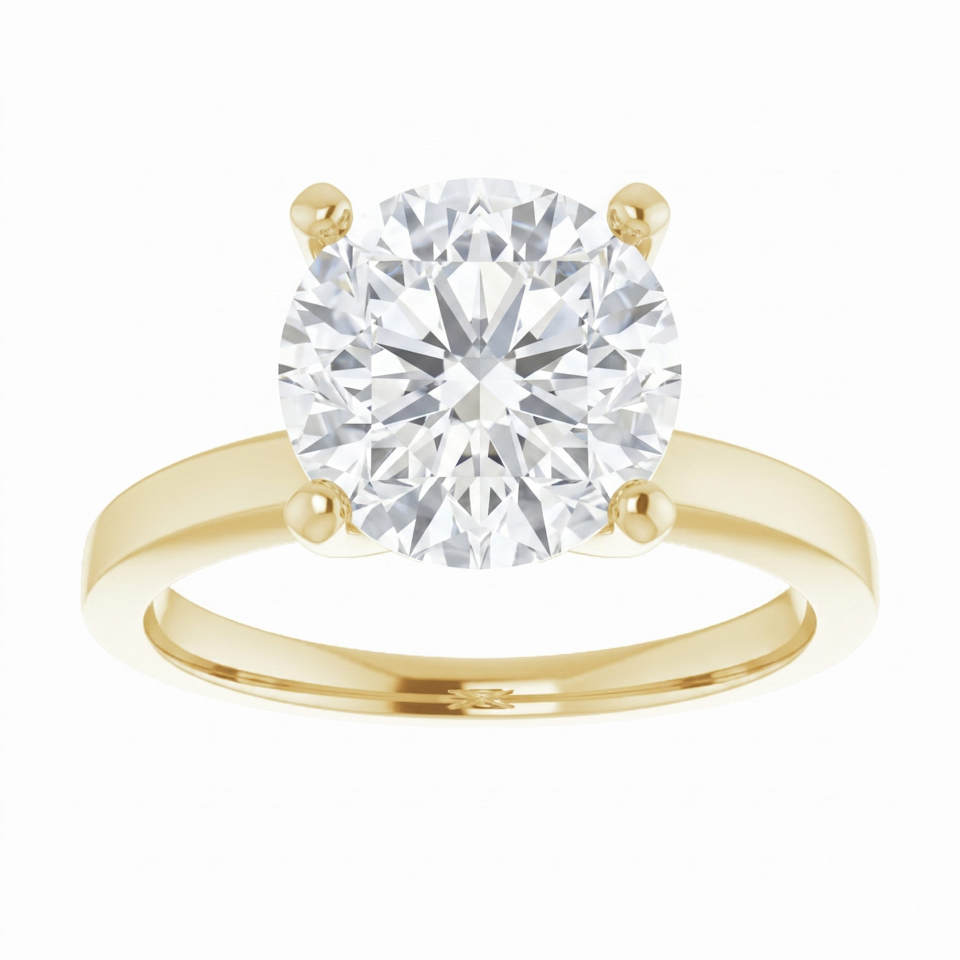 A gold engagement ring with a large, brilliant-cut diamond set in the center of the band.