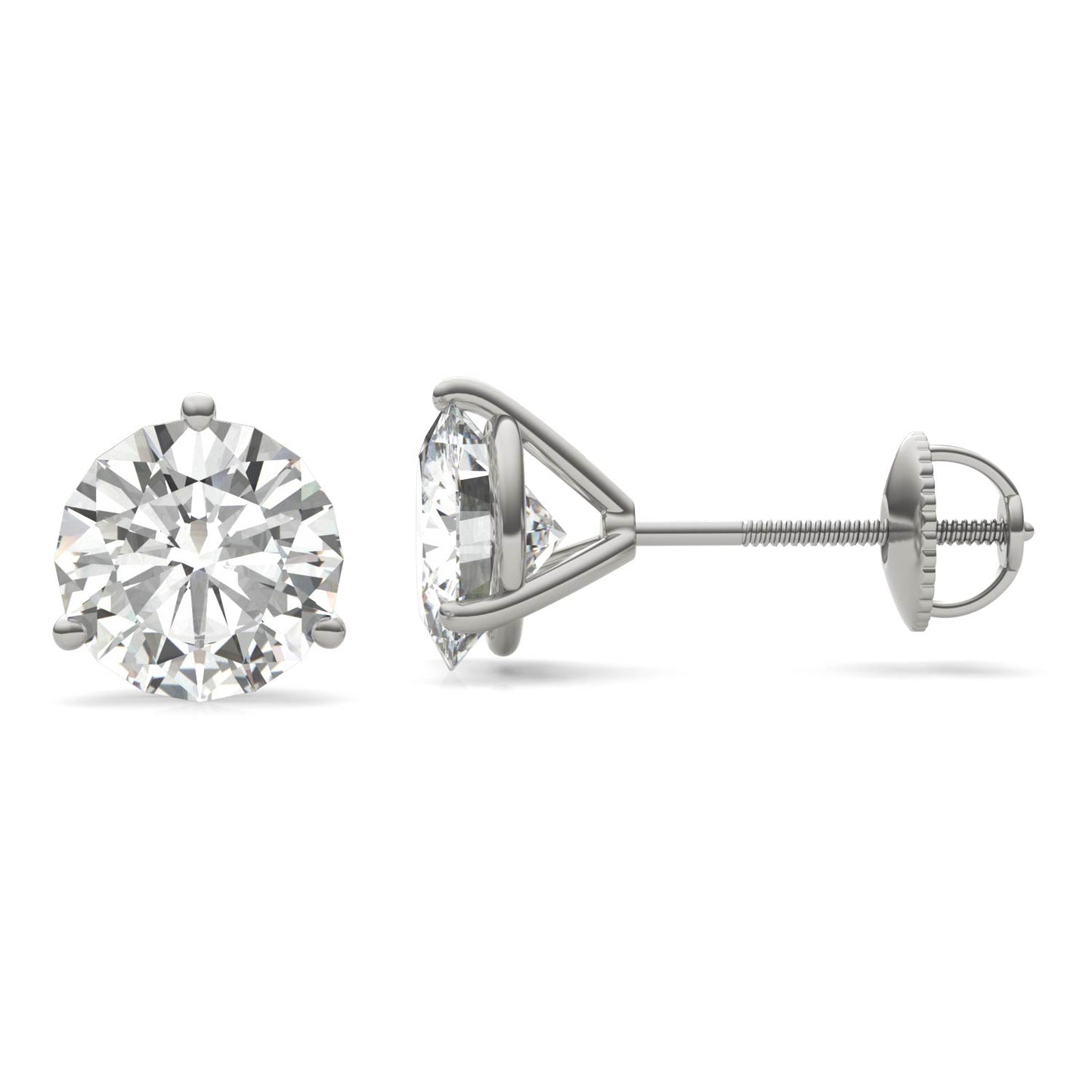 A pair of silver earrings with a large, clear diamond set in the center.