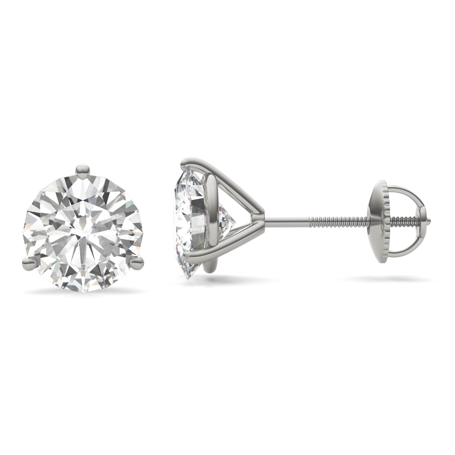 A pair of silver earrings with a large, clear diamond set in the center.
