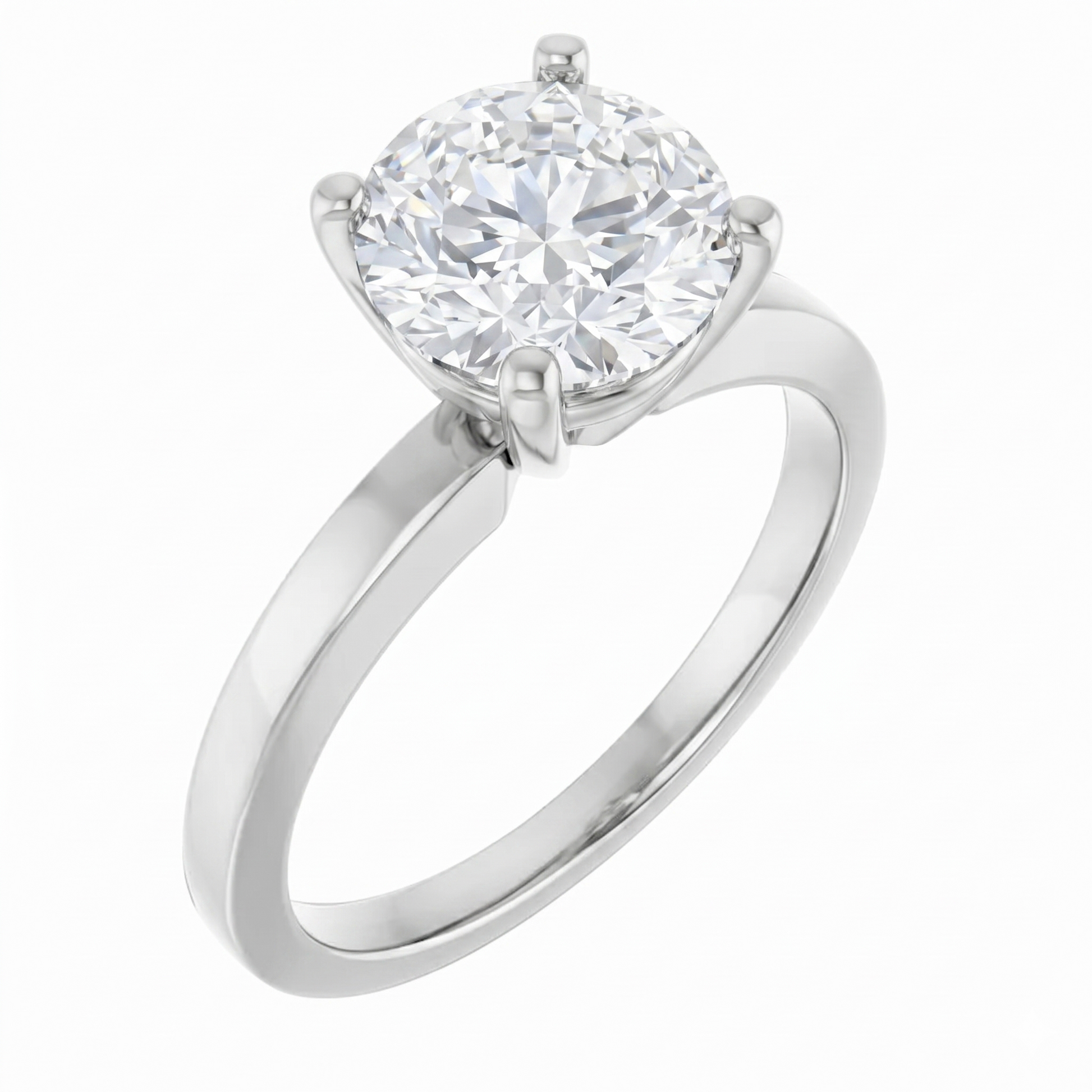 A silver engagement ring with a large, round diamond set in the center.