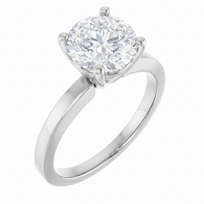 A silver engagement ring with a large, round diamond set in the center.