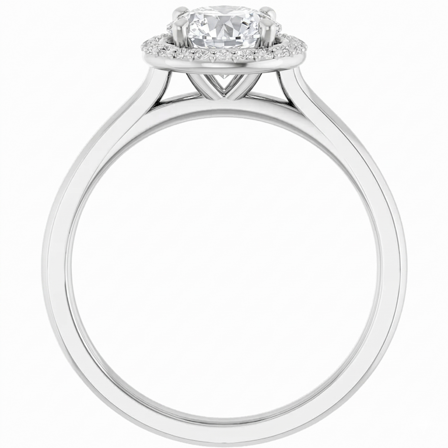 A silver engagement ring with a large central diamond surrounded by smaller diamonds, set in a halo of smaller diamonds.